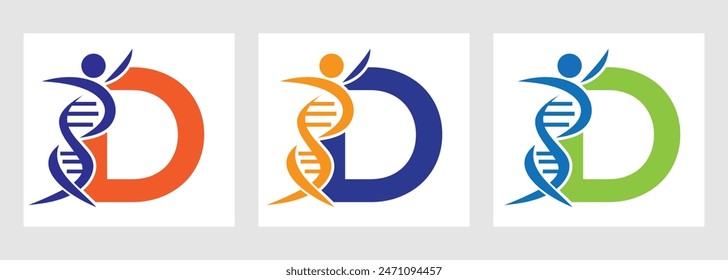 Letter D DNA Logo With Human Symbol. DNA Cell Icon. Health Care Sign