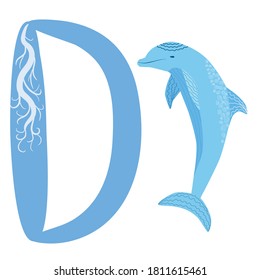 Letter D is Dolphin alphabet. English abc with animals Education on White background. Hand-drawn