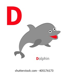 Letter D Dolphin. Zoo alphabet. English abc with animals Education cards for kids Isolated White background Flat design  Vector illustration