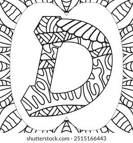 Letter D. Doodle drawing, mandala. Alphabet in the style of Doodle, letters of the alphabet. Drawing from the hands, points, waves, scales.