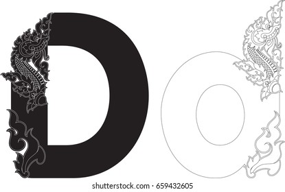 Letter D, Doodles Swirl Tribal Tail and Head of Naga Alphabet (Dragon Monster Art Font) Vector Format/ Southeast Asia Art Style