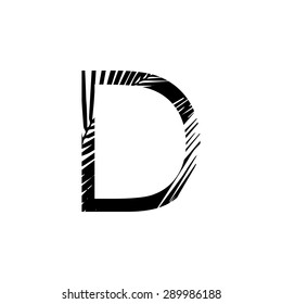 Letter D double exposure with black palm leaf  isolated. Vector illustration.Black and white double exposure silhouette letters combined with photograph of nature. 