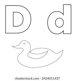 Letra D para pato, ilustración vectorial de la página del libro de colorear el alfabeto infantil con el dibujo de un clip delineado para el libro de niños de color.