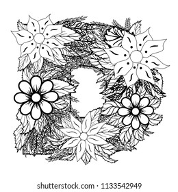 Letter D. Dudling drawing, mandala. Alphabet in the style of dudling, letters of the alphabet. Drawing from the branches of leaves, flowers.