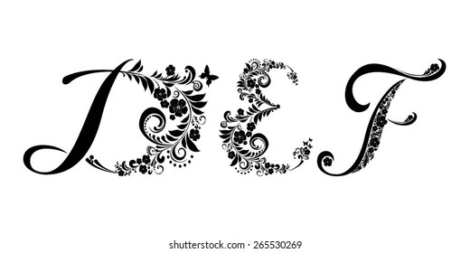 Letter D, E, F  isolated on white. Romantic letter of beautiful flowers. Floral Alphabet. Vector Illustration