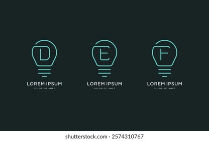 Letter D, E, F, with lightbulb simple line art outline logo vector symbol icon illustration design template
