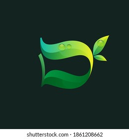 Letter D ecology logo with green leaves and dew drops. Vector icon perfect for agriculture labels, eco friendly food emblem, landscape posters and garden identity, etc.