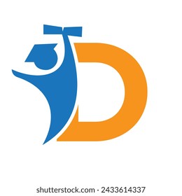 Letter D Education Logo Design. Graduation Symbol With Human Holding Graduation Paper Icon