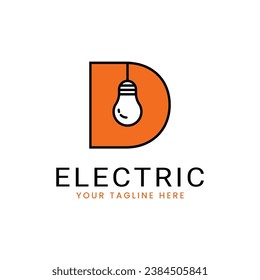 Letter D Electric Logo, Letter D mit Glühbirnen-Symbol innen, flache Design-Logo-Vorlage, Vektorgrafik