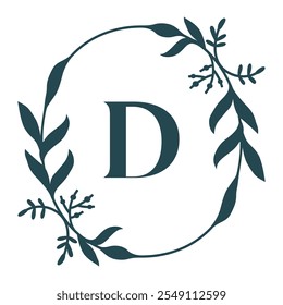 Letter D In Elegant Floral Oval Frame. Leafy Christmas Wreath. Vector  Illustration Isolated On White Background.