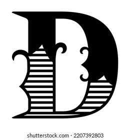 Letter D. Elegant logo, monogram. Capital letter D with swirls and shading inside. Male or female logo design. Initial name or surname. Black outline letter for print, decoration, signature, sign