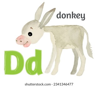 Letter D of the English alphabet with the image of a donkey in watercolor on a white background.
