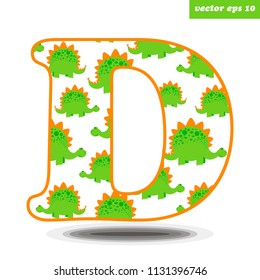 Letter D of the english alphabeth decorated with dinosaur pattern. Kids educational programm vector illustration, element for manual or children book. can be used as a postcad, name card, print.