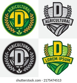 Letter D farm logo badges, vintage style farm emblem logo design, eco green icon badges, nature icon