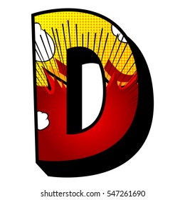 Letter D filled with comic book explosion, background.