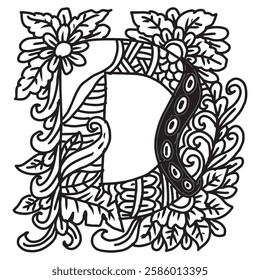 Letter D with floral ornament in doodle style. Vector illustration