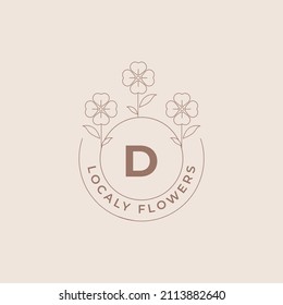 Letter D Flower Logos Emblem Design Template with Botanical Plants and Petals Vector Illustrations Minimal Line Art Style. Outline Symbols for Cosmetics and Packaging or Floral Products Branding