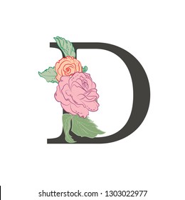 Letter D with flowers. Composition of the letter and floral elements on a white background. Illustration in vintage style in pastel colors.