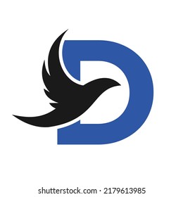 Letter D Flying Bird Logo Template Vector Sign. Dove Bird Logo on Letter D Concept
