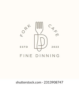 Letter D with fork line art outline logo design vector icon illustration. Good to use for cafe, restaurant, food brand identity