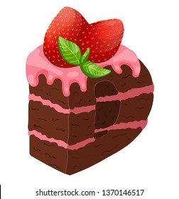 Letter D in the form of a chocolate cake with pink cream, strawberries, mint, tasty letter isolated on a white background, stock vector illustration, for food and decor, print, sticker, 3D