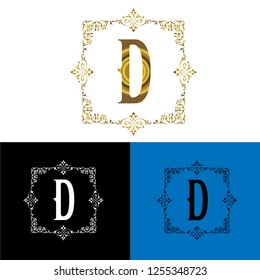 Letter D with Frame gold, black and white design,