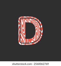 Letter D from fresh raw meat fish. Vector latin meat alphabet. Red meat salmon font for restaurants, butcher shop, farmers market, Salmon fillet marble texture, fish pattern. 