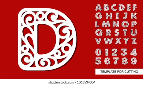 Letter D. Full English alphabet and digits 0, 1, 2, 3, 4, 5, 6, 7, 8, 9. Lace letters and numbers. Template for laser cutting, wood carving, paper cut and printing. Vector illustration.