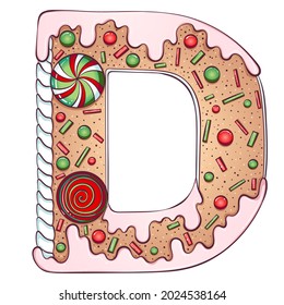 Letter D. Gingerbread Cookies in the form of letters d. Cartoon color vector font made in hand drawn line art style isolated on white. Lettering logo template. Christmas or New Year concept design.