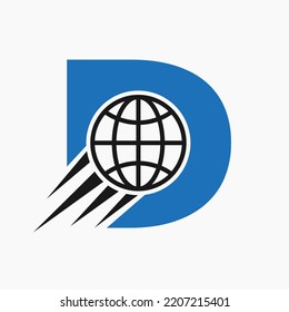 Letter D Global Logo Concept With Moving World Icon. Global Logotype Symbol Vector Template