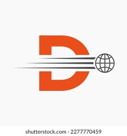 Globales Logo-Konzept von Letter D mit bewegtem Weltsymbol. Vektor-Vorlage für globales Logotypsymbol