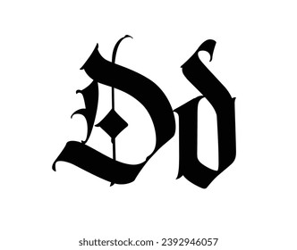 Letter D, in the Gothic style. Vector. Alphabet. The symbol is isolated on a white background. Calligraphy and lettering. Medieval Latin letter. Logo for the company. Monogram. Elegant font for tattoo