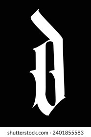 Letter d, in the Gothic style. Vector. Alphabet. The symbol is isolated on a black background. Calligraphy and lettering. Medieval Latin letter. Logo for the company. Monogram. Elegant font for tattoo