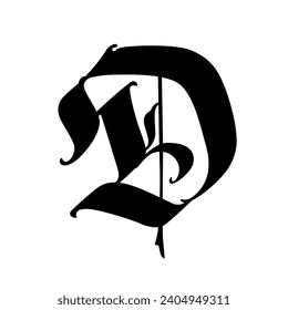 The letter D in the Gothic style. Vector. Old alphabet. The symbol is isolated on a white background. Calligraphic, medieval Latin letter. Logo for the company. Monogram. An elegant font for a tattoo.