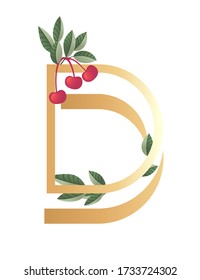Letter D with gradient style beige color covered with green leaves and red berries eco font flat vector illustration isolated on white background