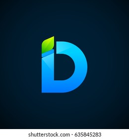 Letter D with Green leaf and Blue color, Modern glossy logotype, Vector ecology elements for corporate identity