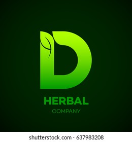 Letter D Green leaf, Herbal, Pharmacy, organic, natural, bio and eco friendly vector illustration