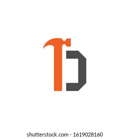 Letter D with with hammer renovation, building services, repair, construction logo design template. Orange and Grey color icon. Isolated on white background. Vector illustration in eps 10.