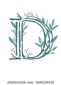 Letter D hand drawn tree branches with leaves and berries botanical flowers floral hand drawn scandinavian style art design element flat vector illustration
