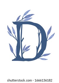 Letter D hand drawn tree branches with leaves botanical flowers floral hand drawn scandinavian style art design element flat vector illustration