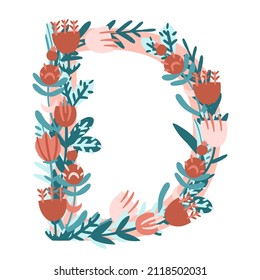 Letter D. Hand drawn vector monogram composed of flowers, branches and leaves on a white background. flowers in flat style.