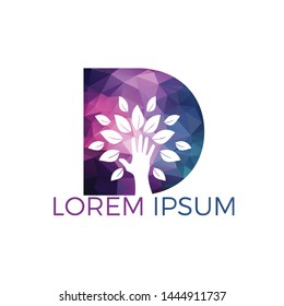 Letter D and hand tree logo design. Natural products logo. Cosmetics icon. Spa logo. Beauty salon or yoga logo.	