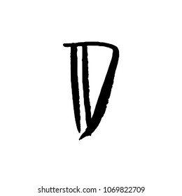 Letter D. Handwritten by dry brush. Rough strokes textured font. Vector illustration. Grunge style alphabet.