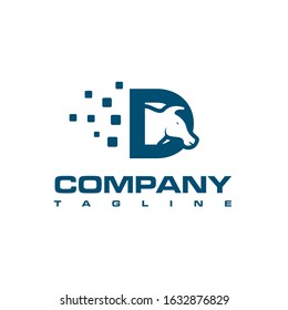 the letter D with the head of a cow appearing from inside, vector logo. It is suitable for initials products and game applications.