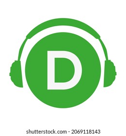 Brief D Kopfhörer einfache Vektorsymbol oder Logo in grüner Farbe