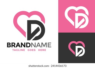 Plantilla vectorial de diseño del logotipo de amor cardíaco de la letra D