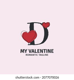 letter D with heart shape cute doodle style for a lover identity, valentine gift brand, and girl toy shop