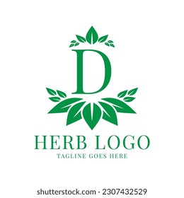 letra D hojas de hierbas diseño inicial del logo del vector