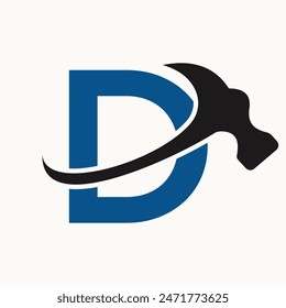 Letter D Home Construction Logo Design With Hammer Symbol