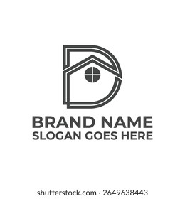 Letter D Home Logo Design Real Estate House Symbol with Modern Line Art Style